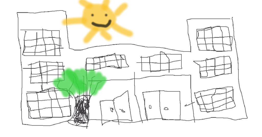 A crude drawing of a condo building that underscores the author's weakness in one section of the MS cognitive dysfunction test.